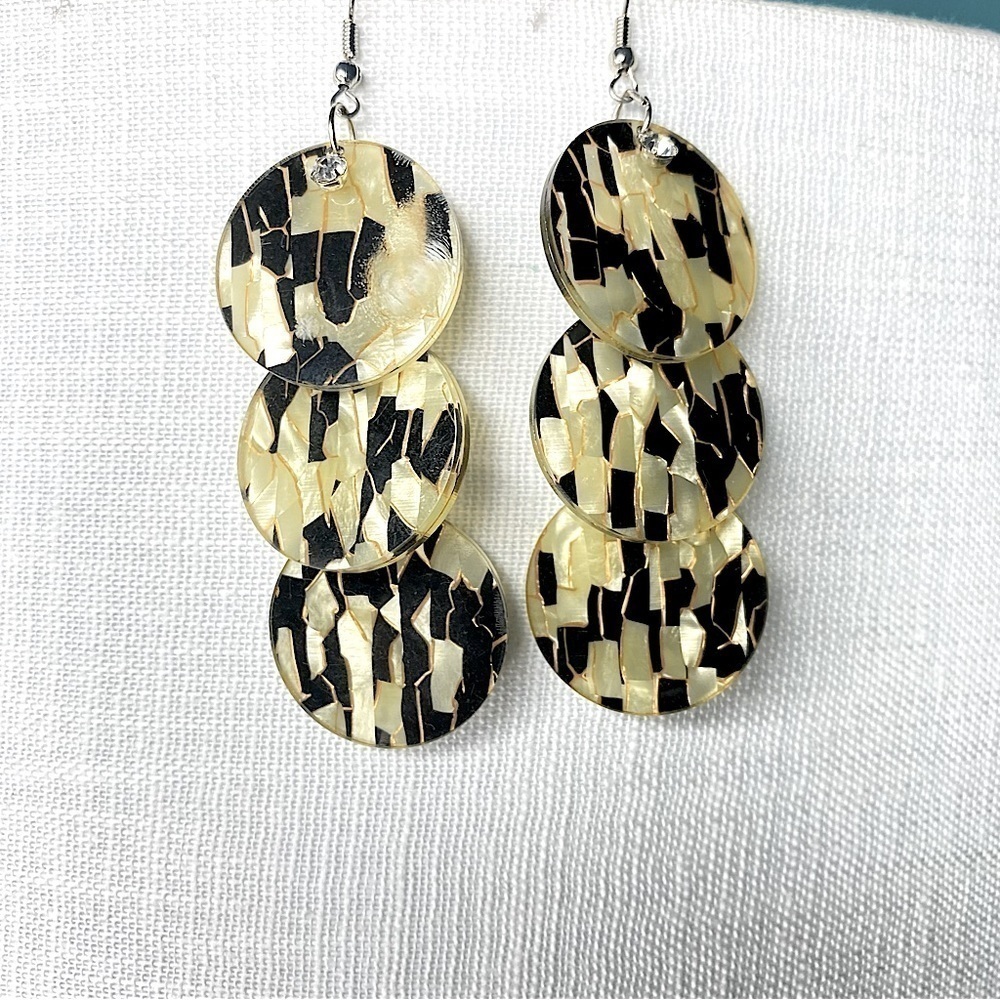 Acrylic Cream and Black Mosaic Circle Dangle Earrings with Rhinestone Accents - Picture 3 of 5